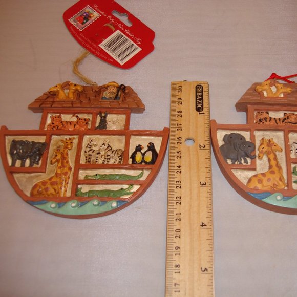Noah's Ark Vintage 2 ornaments appear to be looking at Noah and animals in Ark - Picture 4 of 8